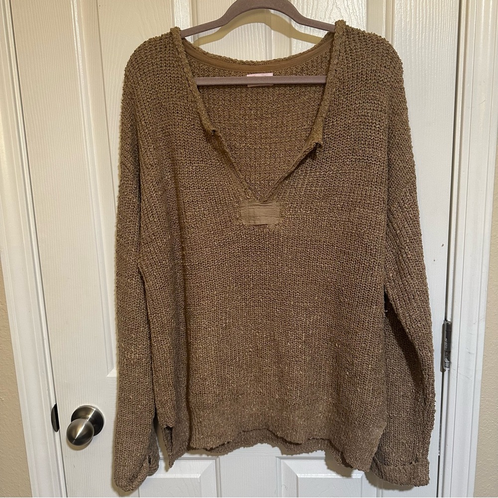 Pink Lily Tan V-Neck Sweater